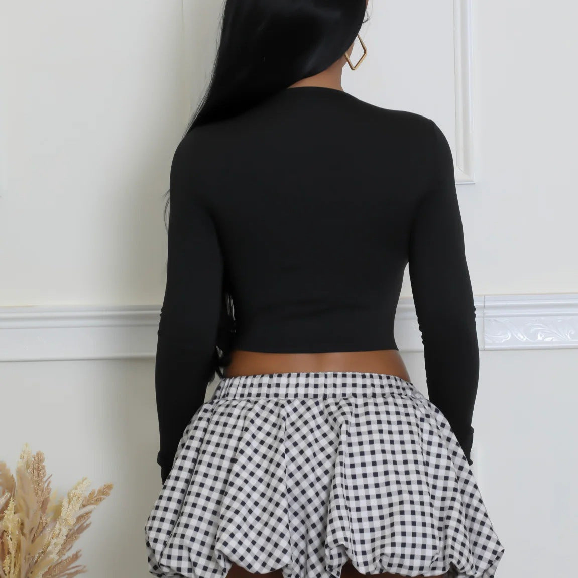 Women's Long-Sleeve Knit Top & Plaid Bubble Skirt Fashion Set 7