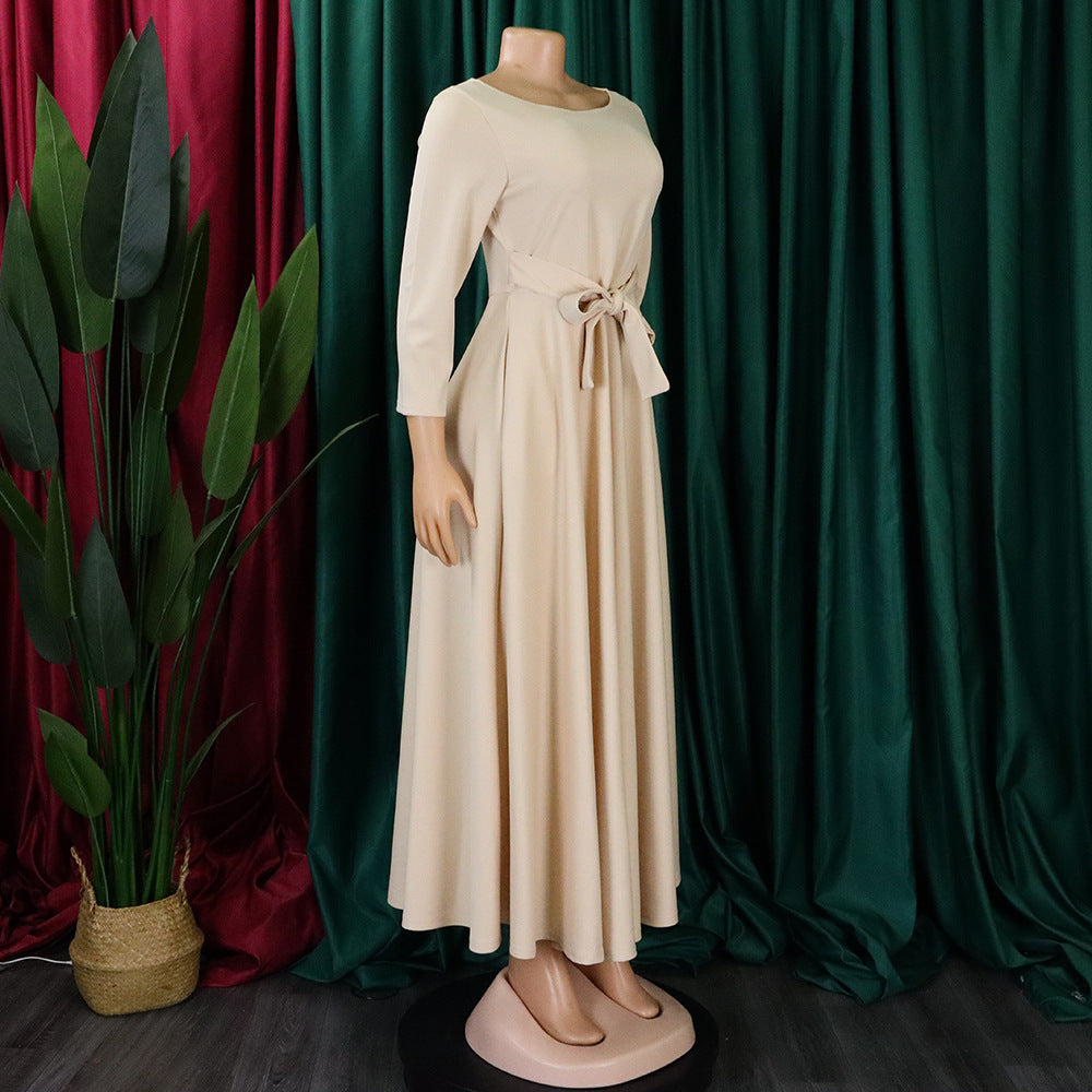 Women's Fall Winter Fashion Chic Solid long sleeve Belted African Plus Size Maxi Dress 22
