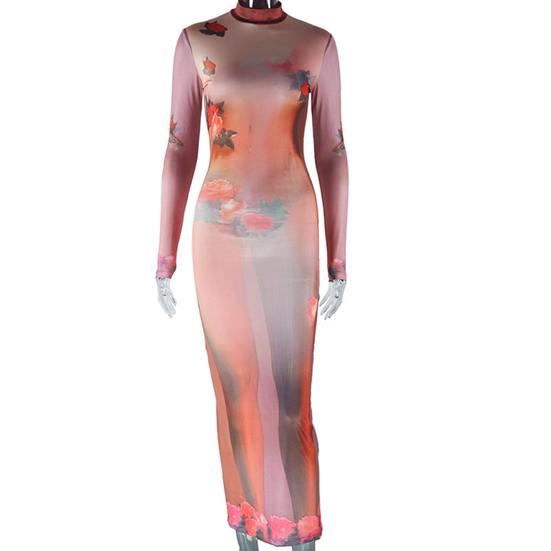 Women Round Neck Long Sleeve Printed Dress 4