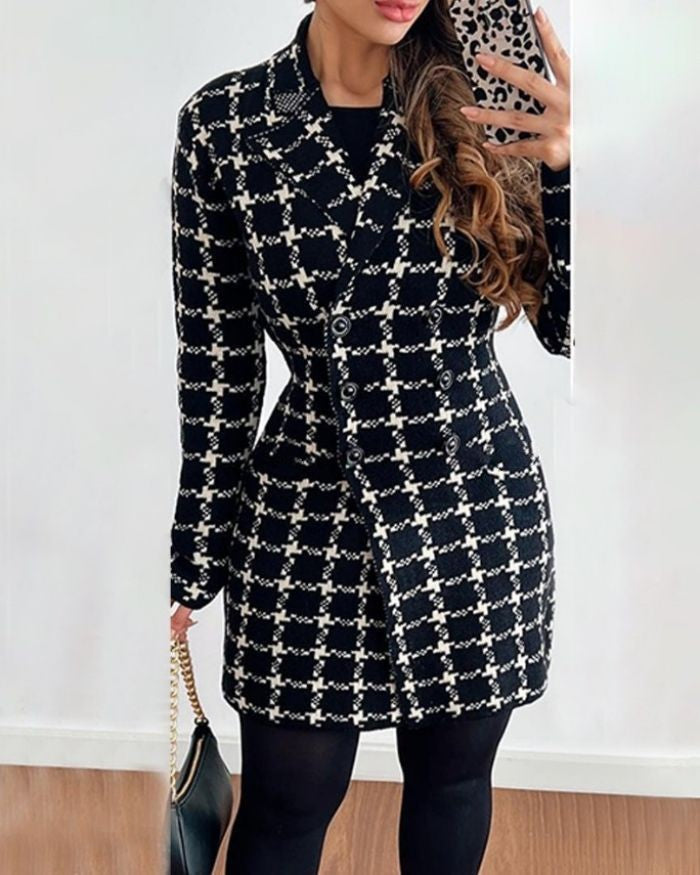 Women Autumn and Winter Long Sleeve Double Breasted Turndown Collar Printed Jacket 11