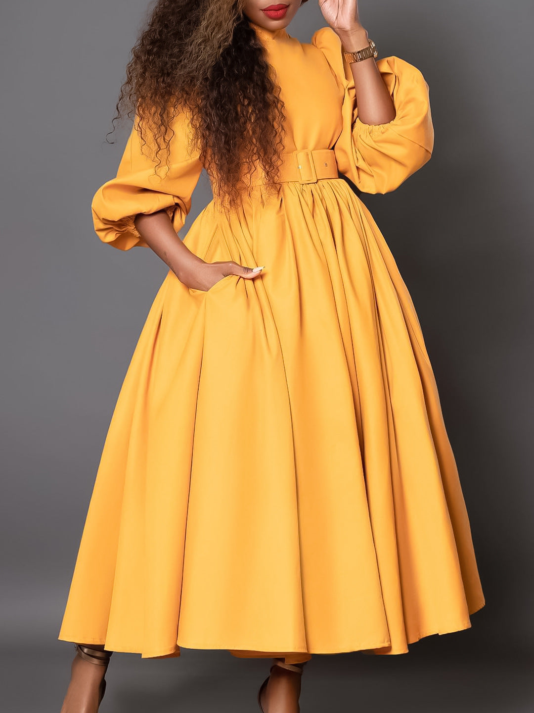 Women's Half Turtle Neck Three-Quarter Sleeve Chic Slim Waist Slim Fit Swing Dress 9