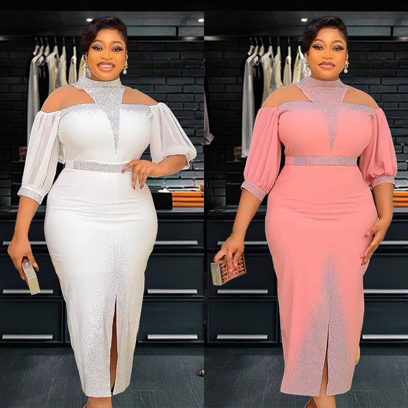African Plus-Size Elegant Chic Beaded Patchwork Slit Bodycon Dress 9
