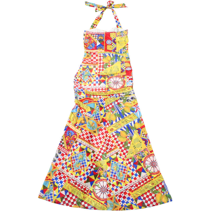 Summer fashion chic Elegant printed sleeveless Halter Neck lace dress 9