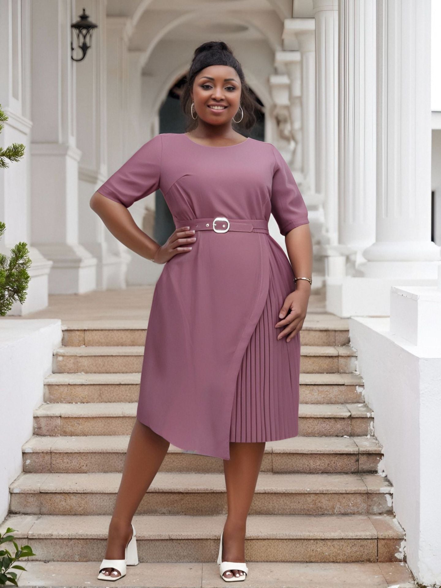 Plus Size Women Casual Patchwork Pleated Elegant Dress 5