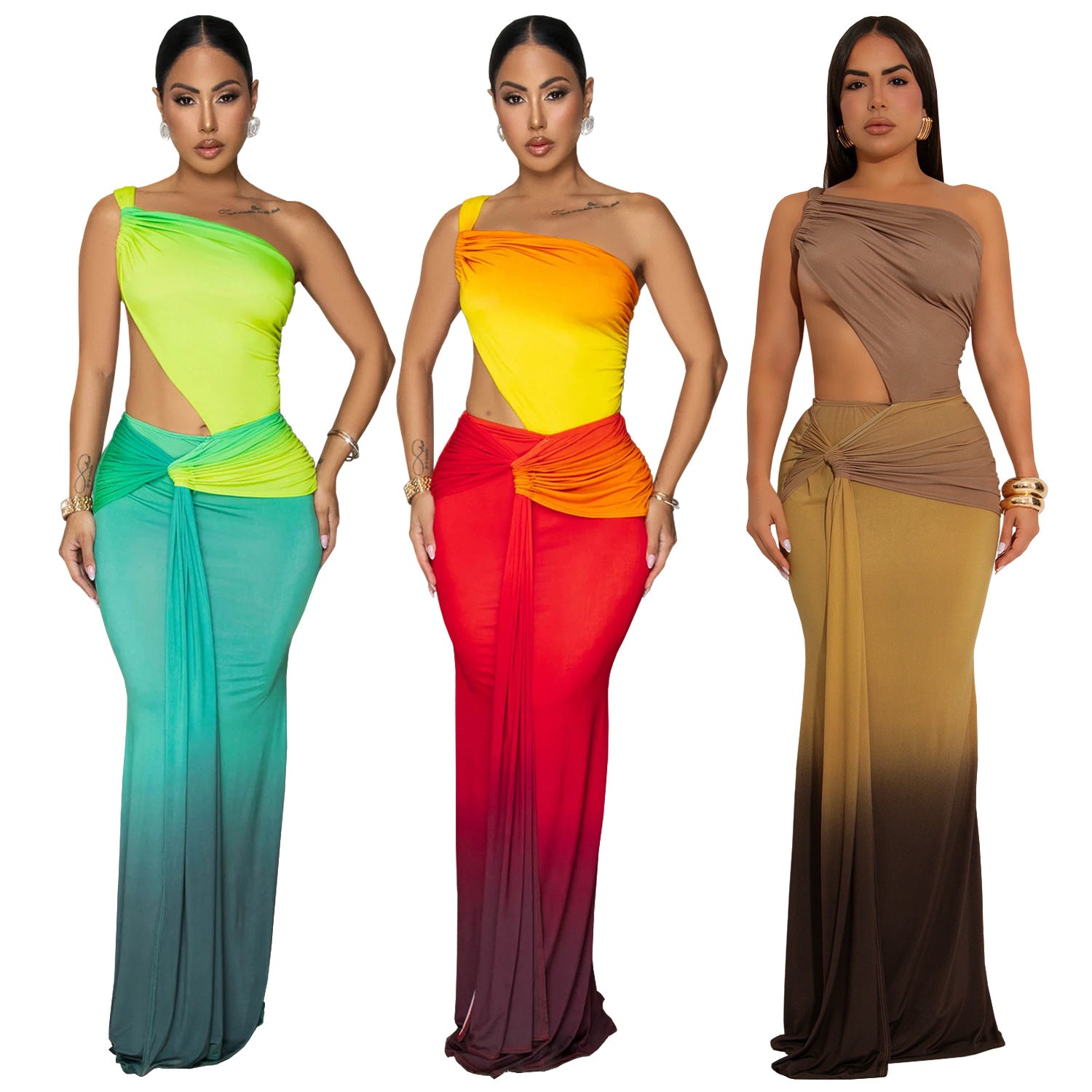 Fashion Women's Summer Sexy Slash Shoulder Bodycon Gradient Dress 10