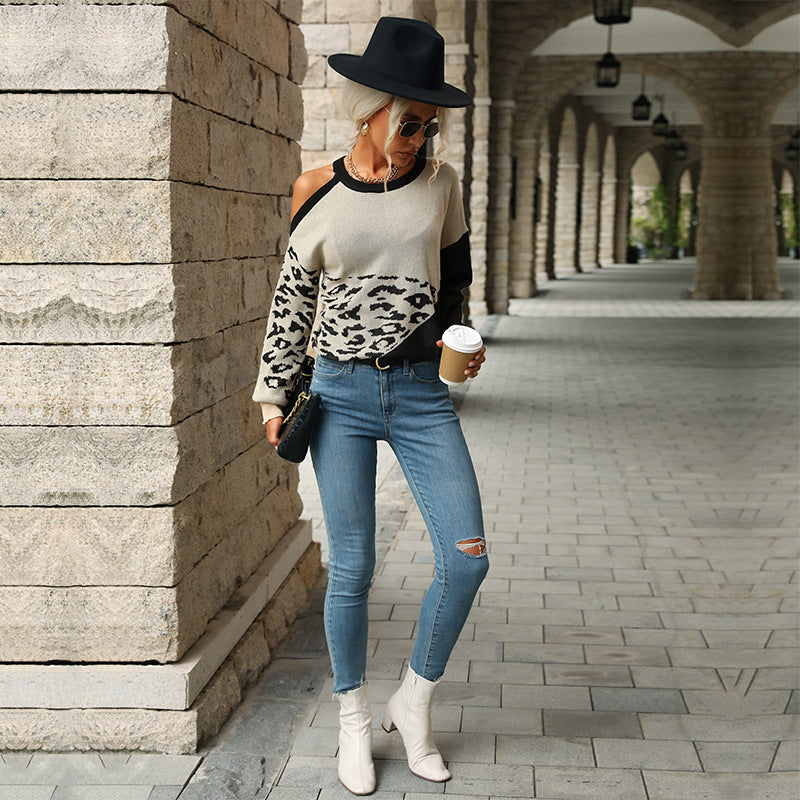 Women Autumn Color Block Long Sleeve Hollow Sweater 4