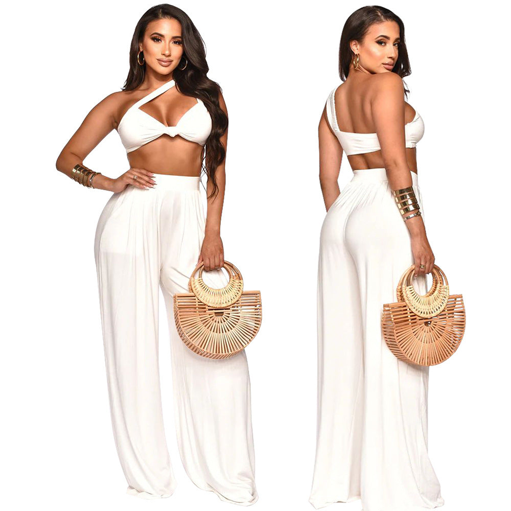 Women Summer Slash Shoulder Sleeveless Top + Solid Color Wide Leg Pants Two-Piece Set