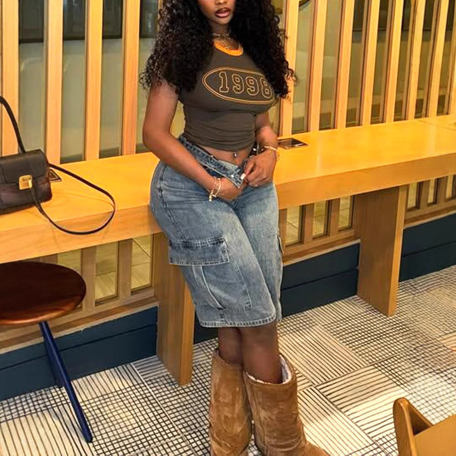 Women Trend Knee-Length Stretchy Denim Cargo Shorts 3