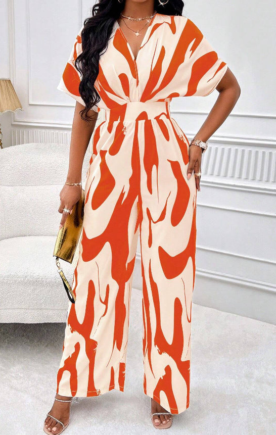 Women Print Bat Sleeves Wide Leg Jumpsuit 5