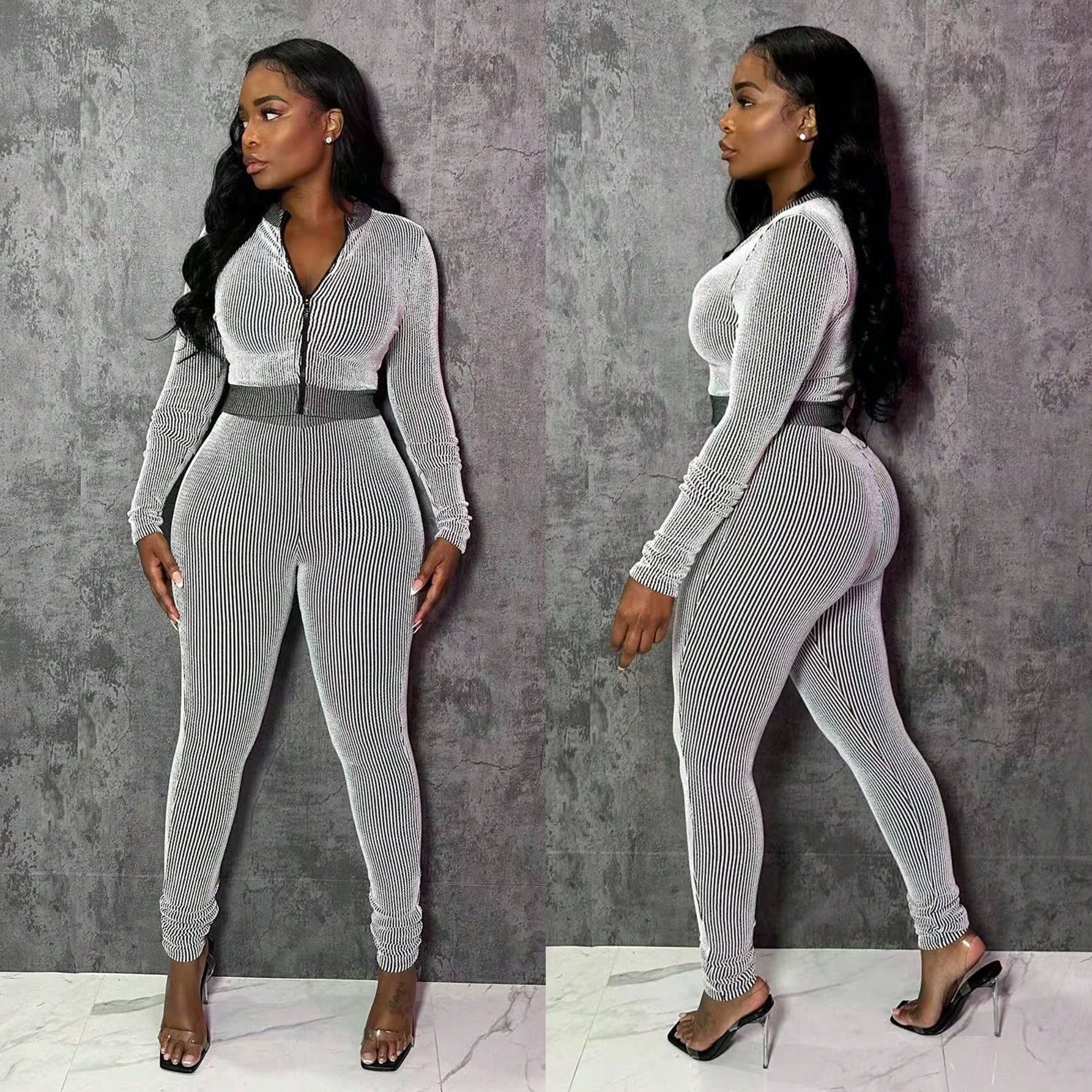 Fashion Casual Sportswear Set Women's Long-Sleeve Zip-Up Slim Fit Two-Piece Pants Set 3