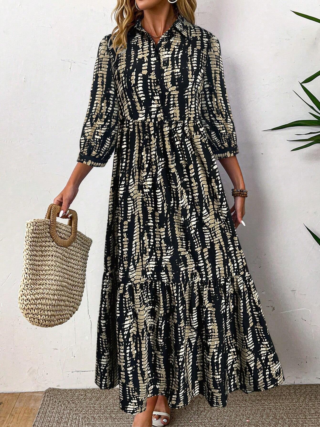 Printed Slim Waist Turndown Collar Long Sleeve Button Dress 6
