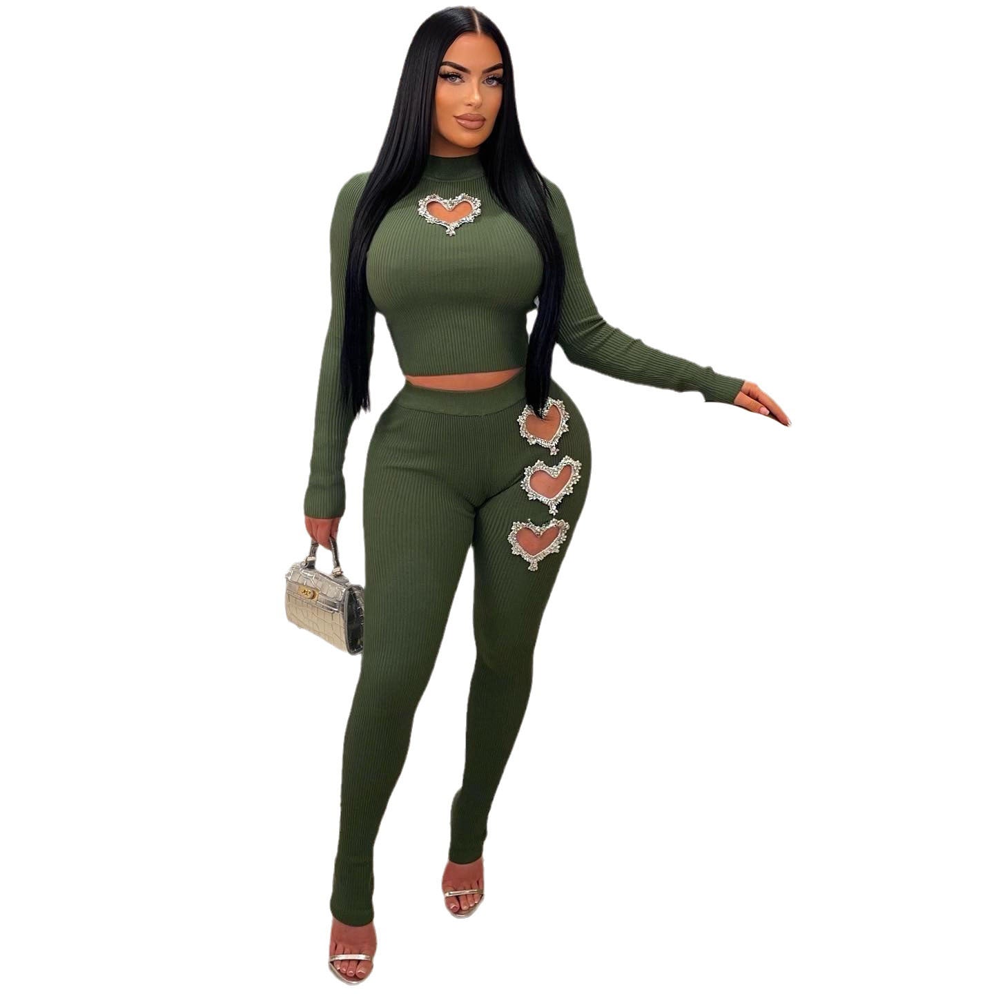 Women's Heart-Shaped Beaded Solid Color Two Piece Pants Set 5