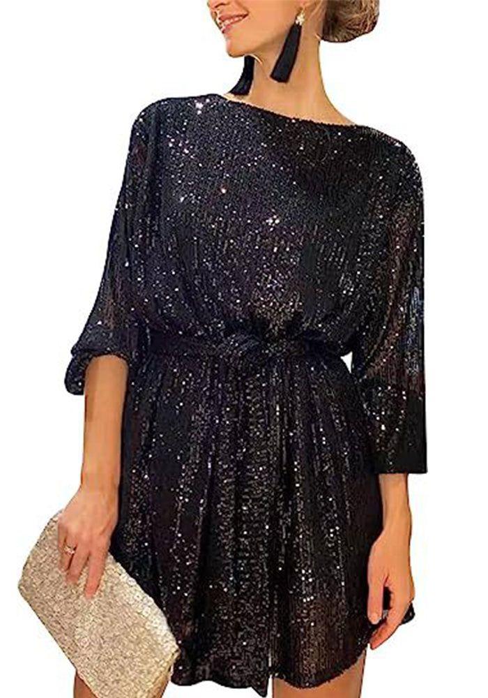 Summer Sequin Round Neck Long Sleeve Casual Loose Sequin Dress 9