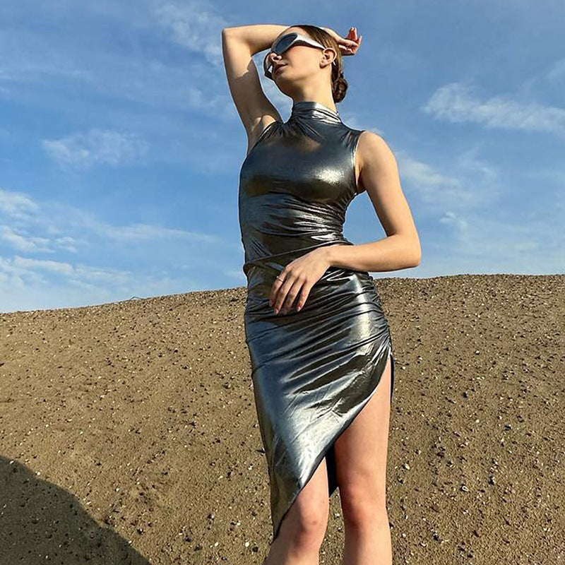 Spring And Summer Solid Color Slim Pleated Dress For Women 5