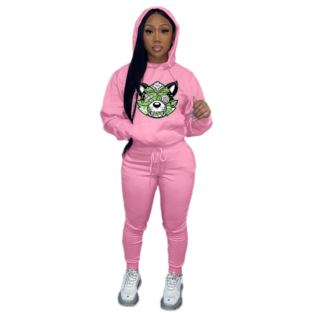 Fall/Winter Plus Size Women'S Print Casual Hooded Two Piece Pants Set Tracksuit 8