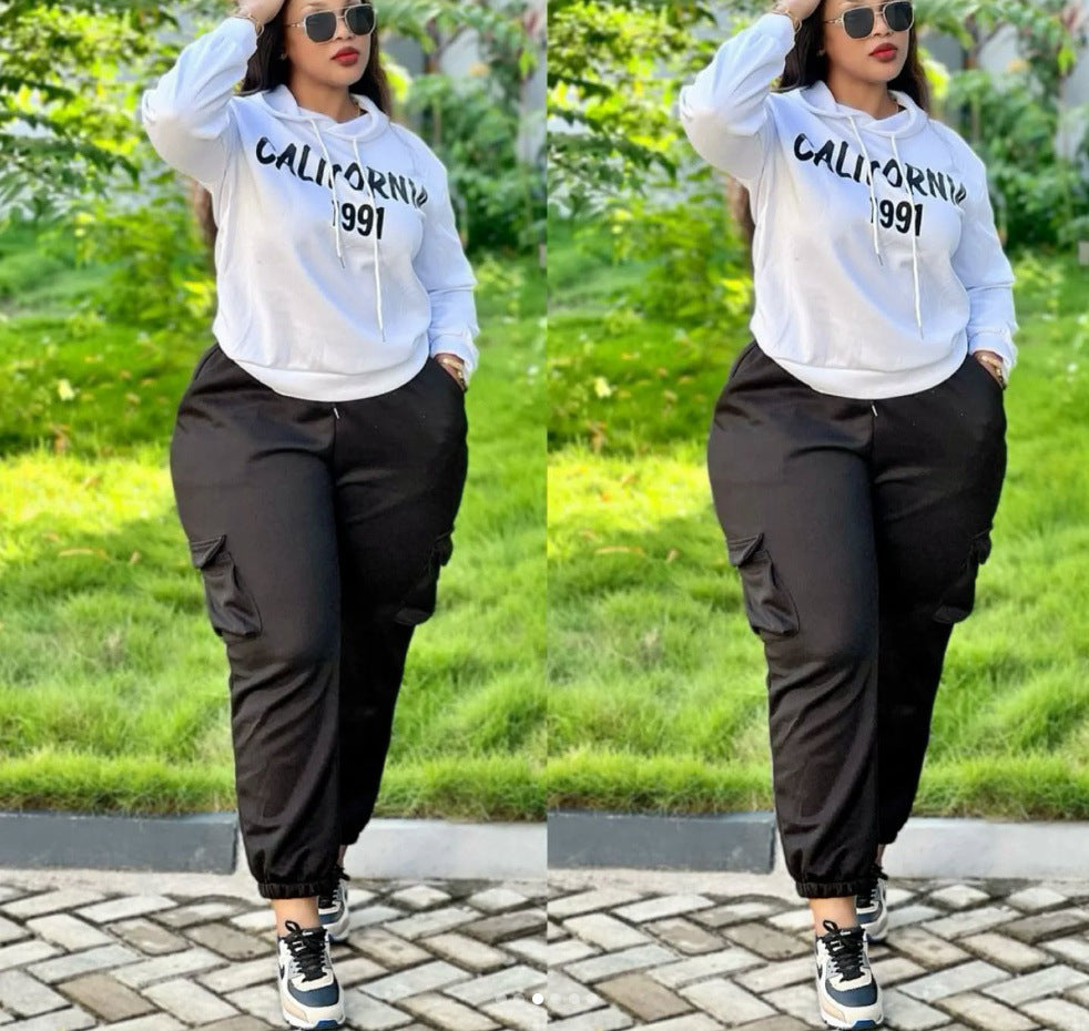 Women Casual Printed Hoodies and Cargo Pants Two-piece Set