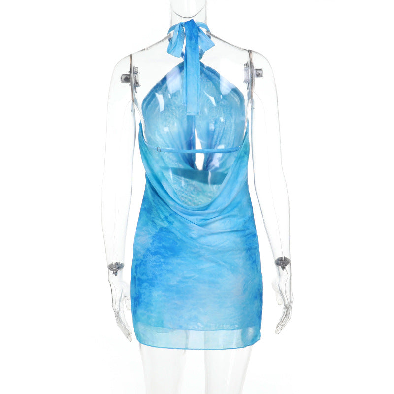 Women Halter Neck Hollow Hollow Holidays Mini Print Dress 5