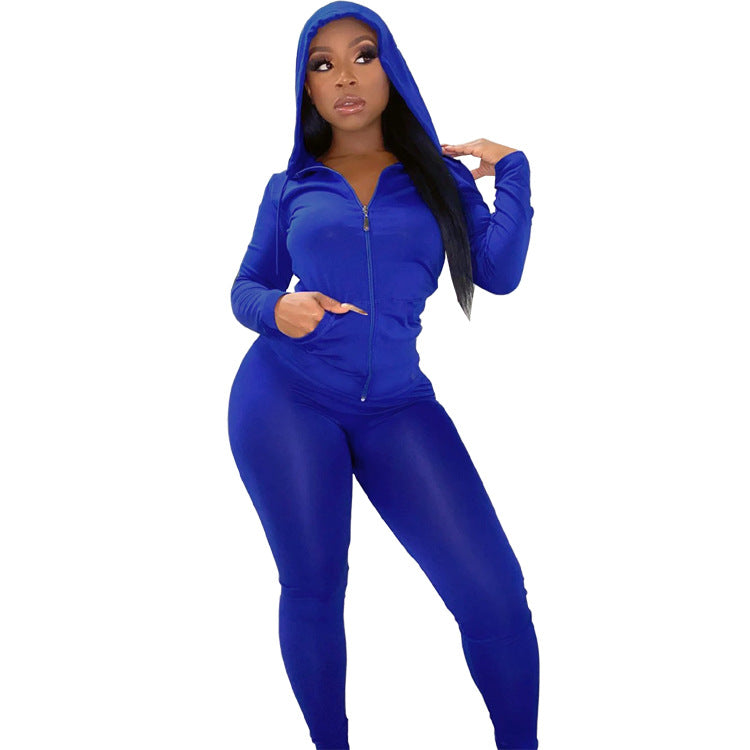 Women Casual Sports Running Fitness Zippered Hooded Top Long Pants Two-piece Set 15