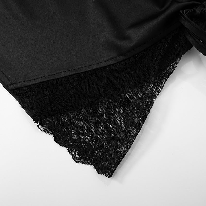 Women Summer Sexy Suspender Drawstring Patchwork Lace Bodycon Dress 16