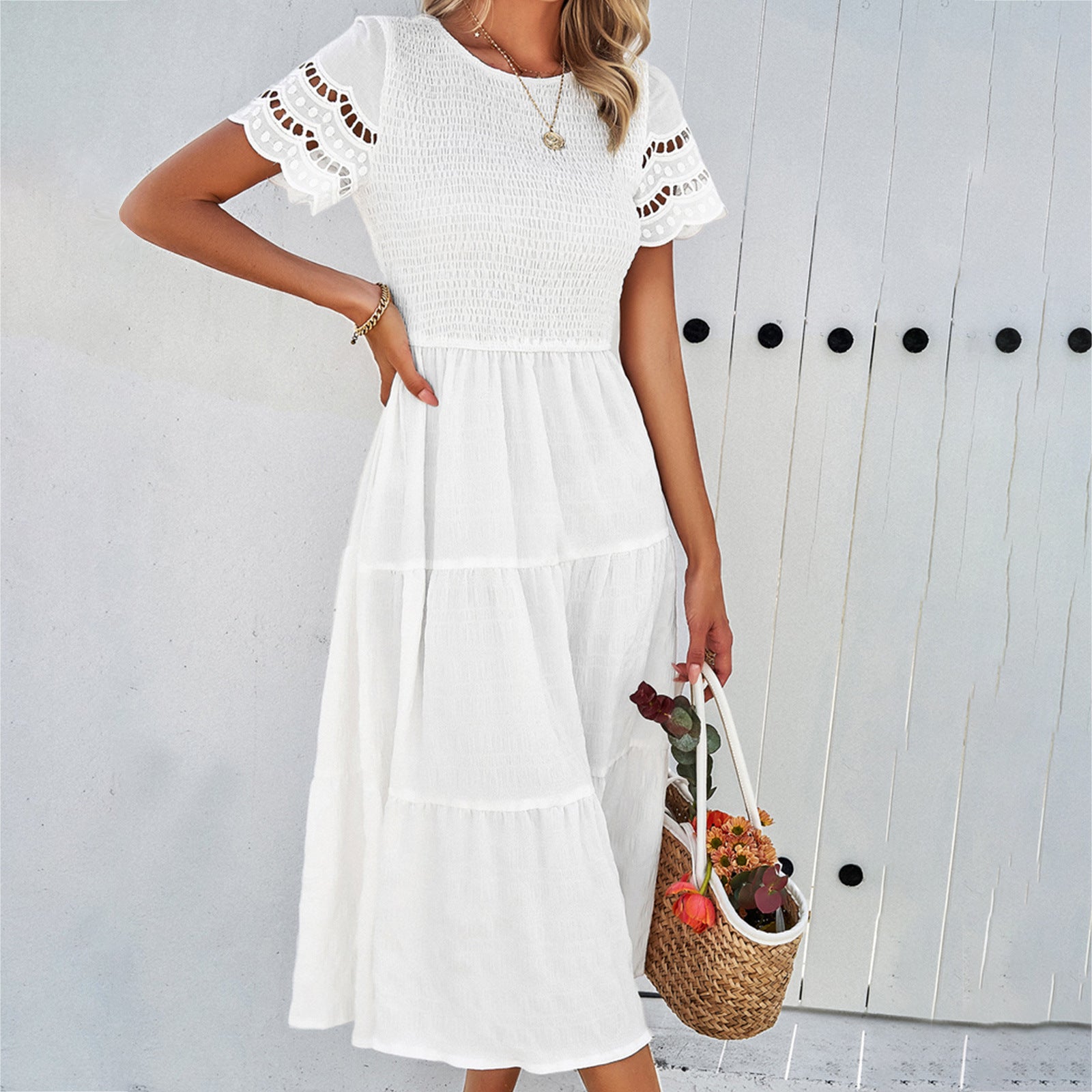 Women's Spring And Summer Solid Color Short Sleeve Chic Casual Dress 11