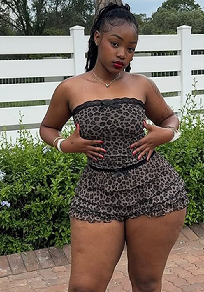 Women Summer Mesh Pleated Patchwork Leopard Printed Wrap Top and Shorts Two Piece Set