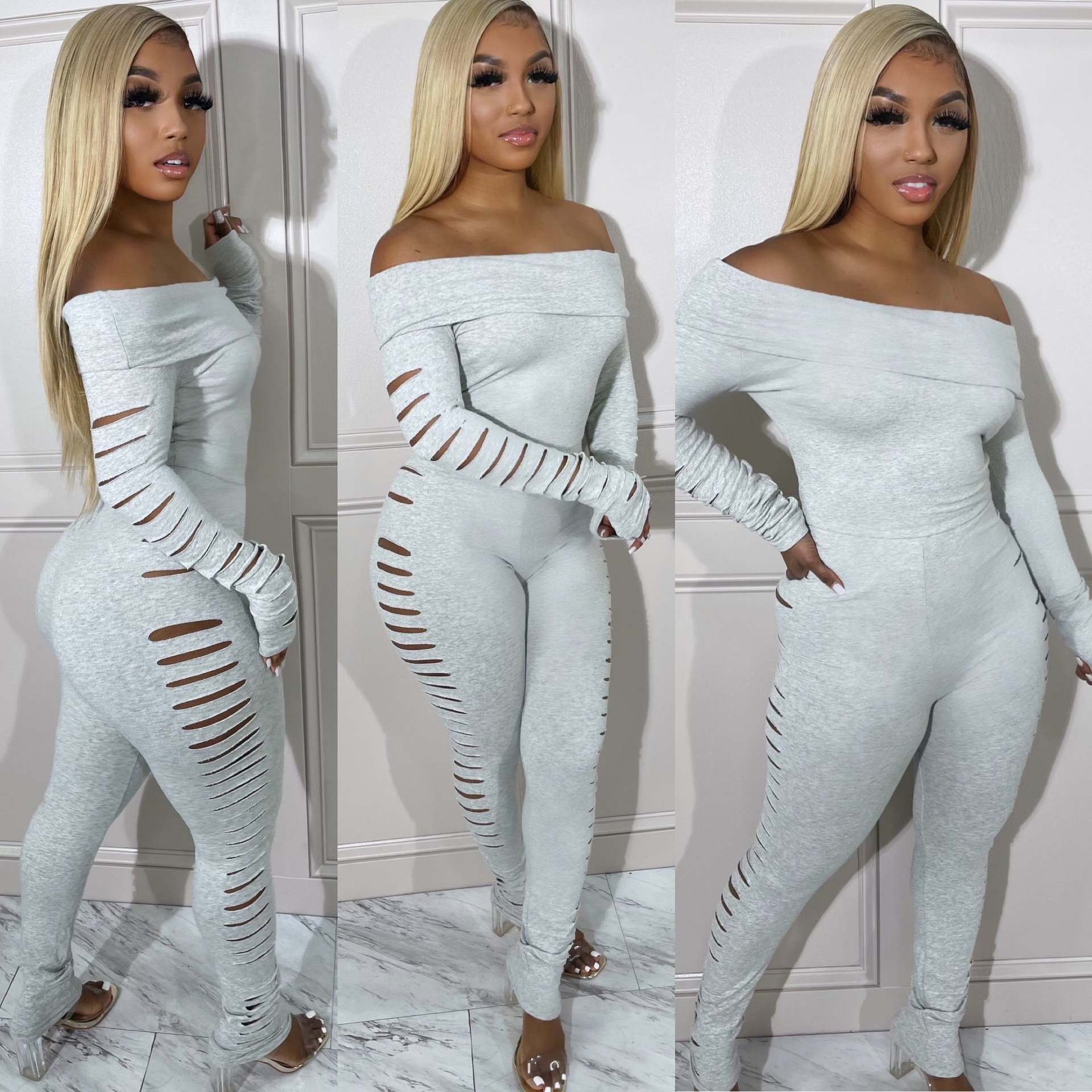 Women Off Shoulder long sleeve sexy Ripped Jumpsuit 3