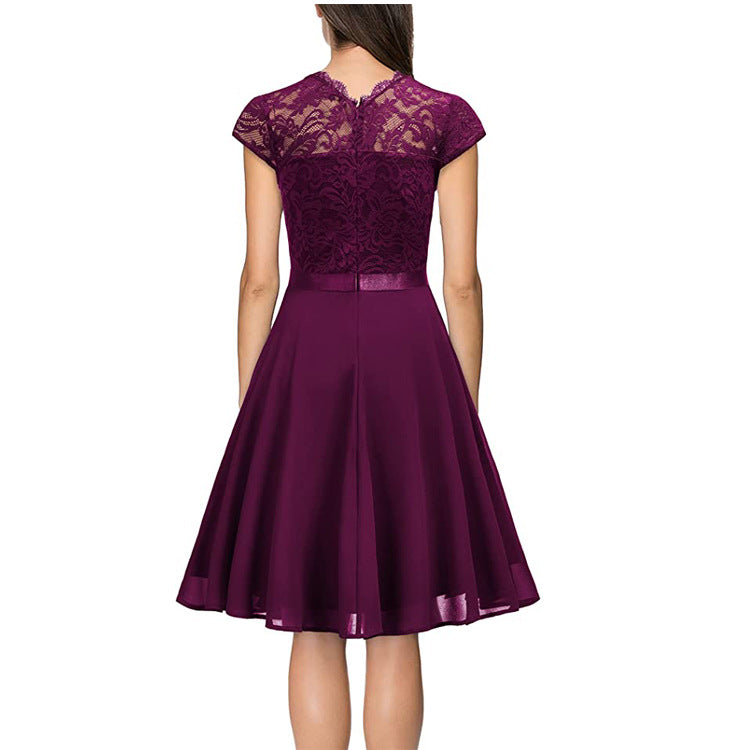 Summer Half-High Collar Short-Sleeved Lace Mid-Length Chiffon Patchwork Elastic Belt Dress 9