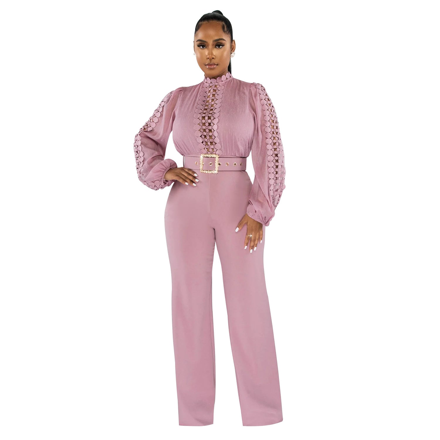 Women Belt Lace Cutout Solid Long Sleeve Jumpsuit 16
