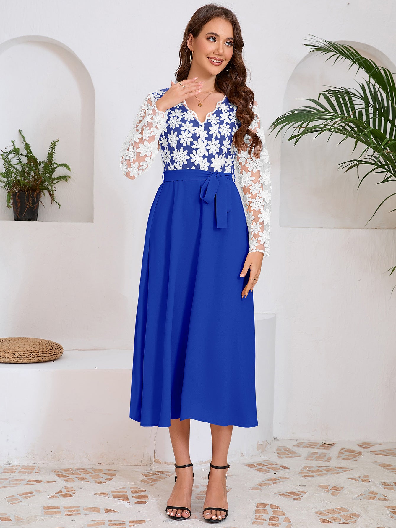 autumn women's Fashion slim Round Neck lace contrast color career dress 11