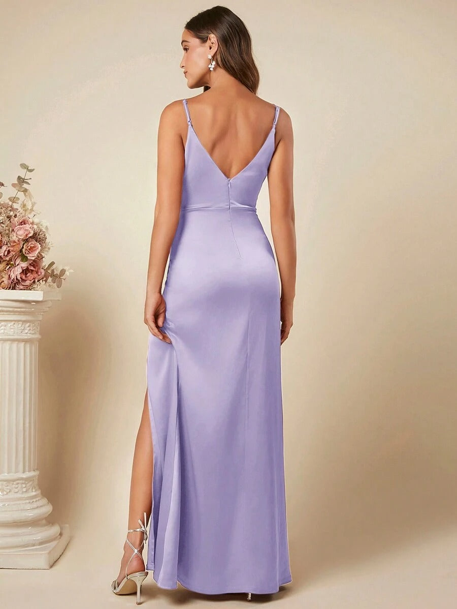 Women's Spring Summer Strap Satin Dress Sexy Pleated Bridesmaid Dress 47