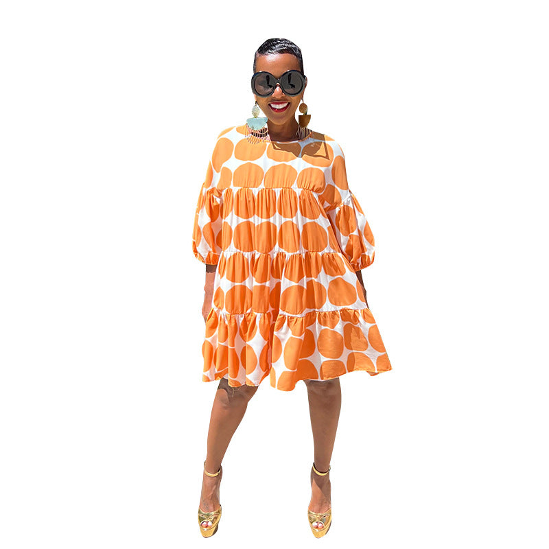 Summer Women Large Polka Dot Loose Round Neck Half-Sleeve Pleated Dress 17