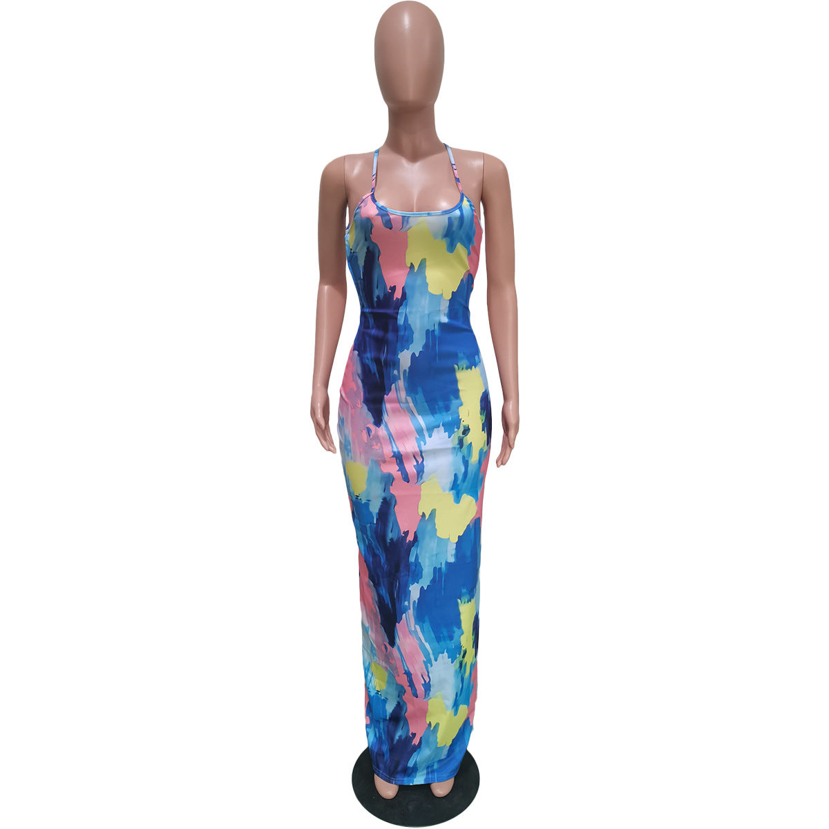 Women's Tie Dye Print Sling Low Back Slit Dress 23