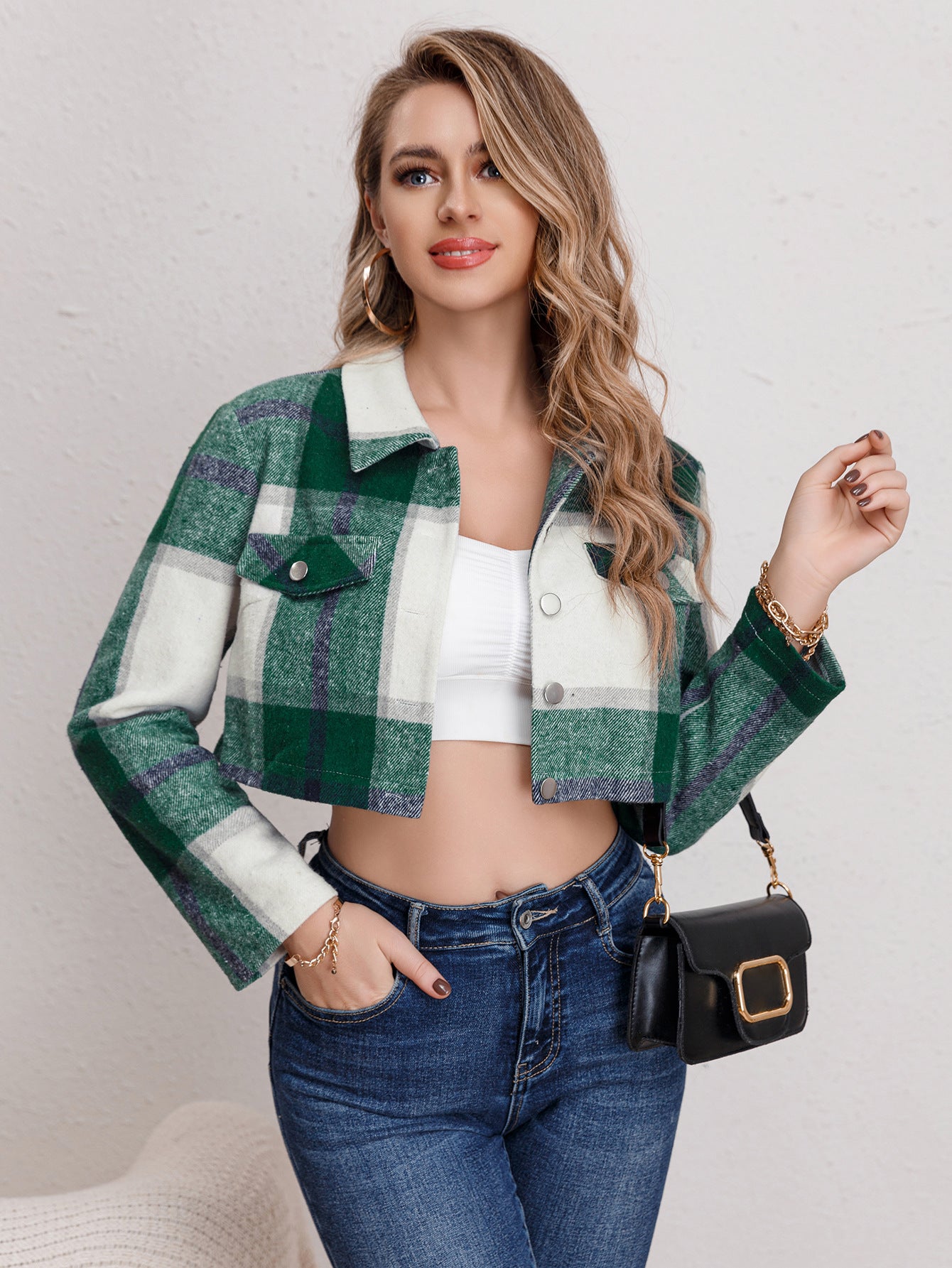 Spring Summer Women's Casual Single-Breasted Turndown Collar Plaid Long Sleeve Jacket 6