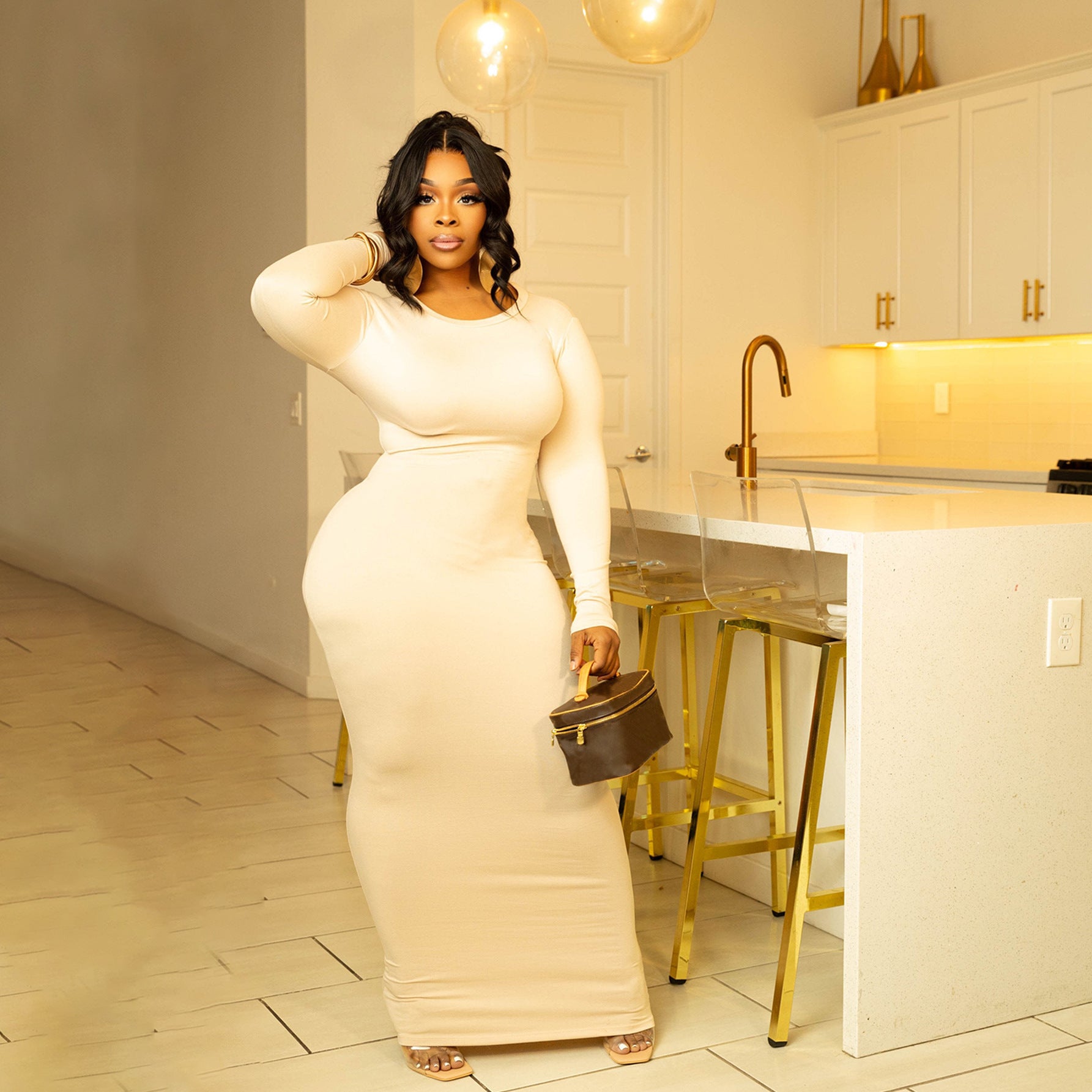 Fashion Women Solid Color Round Neck Long Sleeve Sexy Slim Long Dress 8