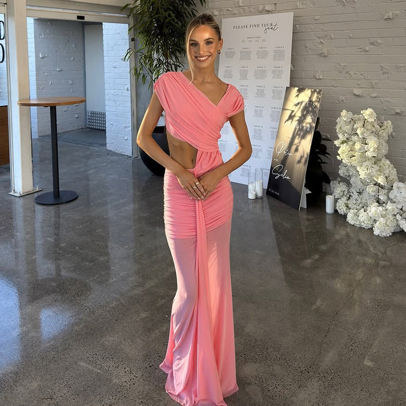 Spring Elegant Solid Color Slash Shoulder Sleeveless Long Dress 7