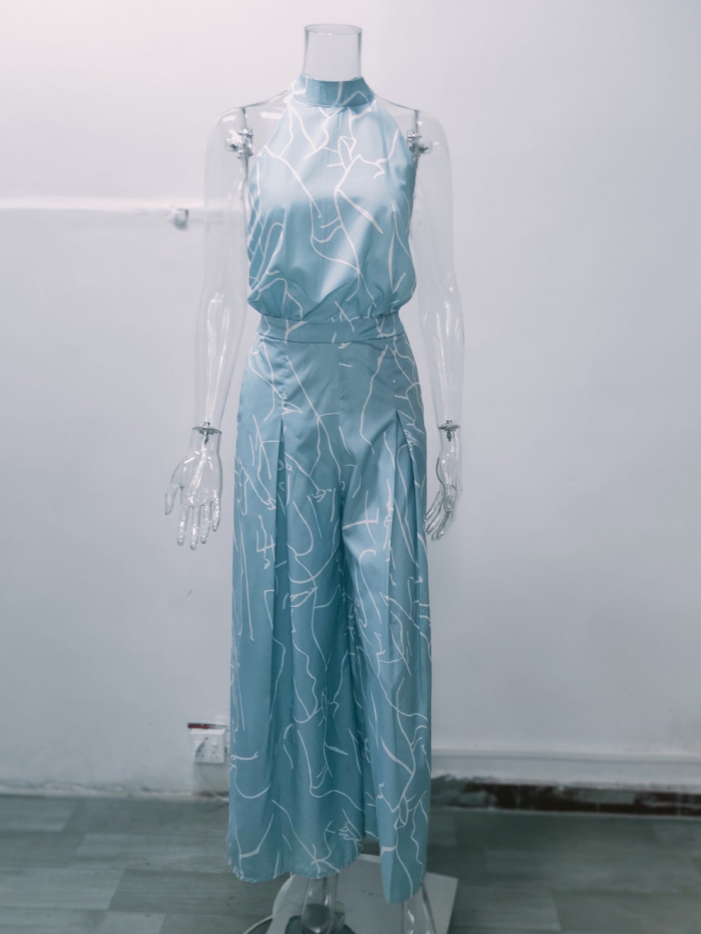 Summer Women Elegant Lace-Up Sleeveless Halter Neck Print Jumpsuit 22