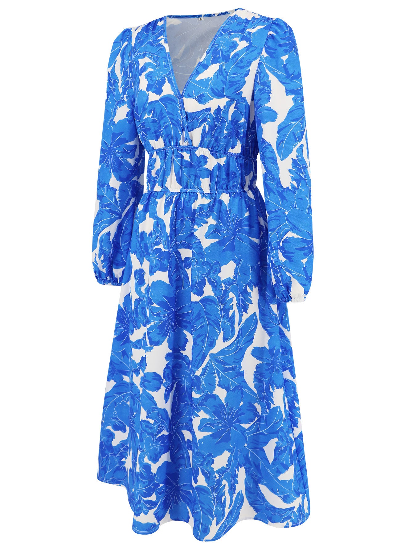 Women's Chic Print Slim Waist Long Sleeve Midi Casual Dress 20