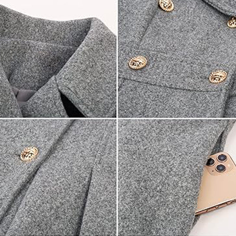 Women Fall and Winter Turndown Collar Double-Breasted Pocket Windbreaker 48