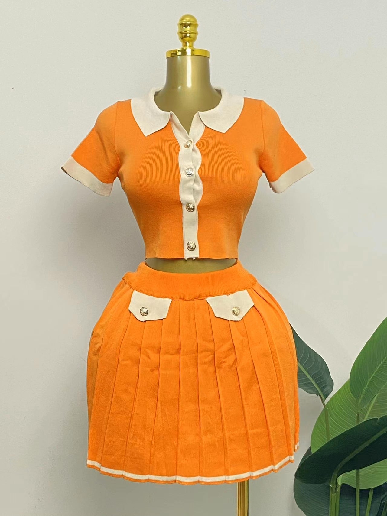 Women trendy knitting short-sleeved contrasting Top and Skirt two-piece set 3