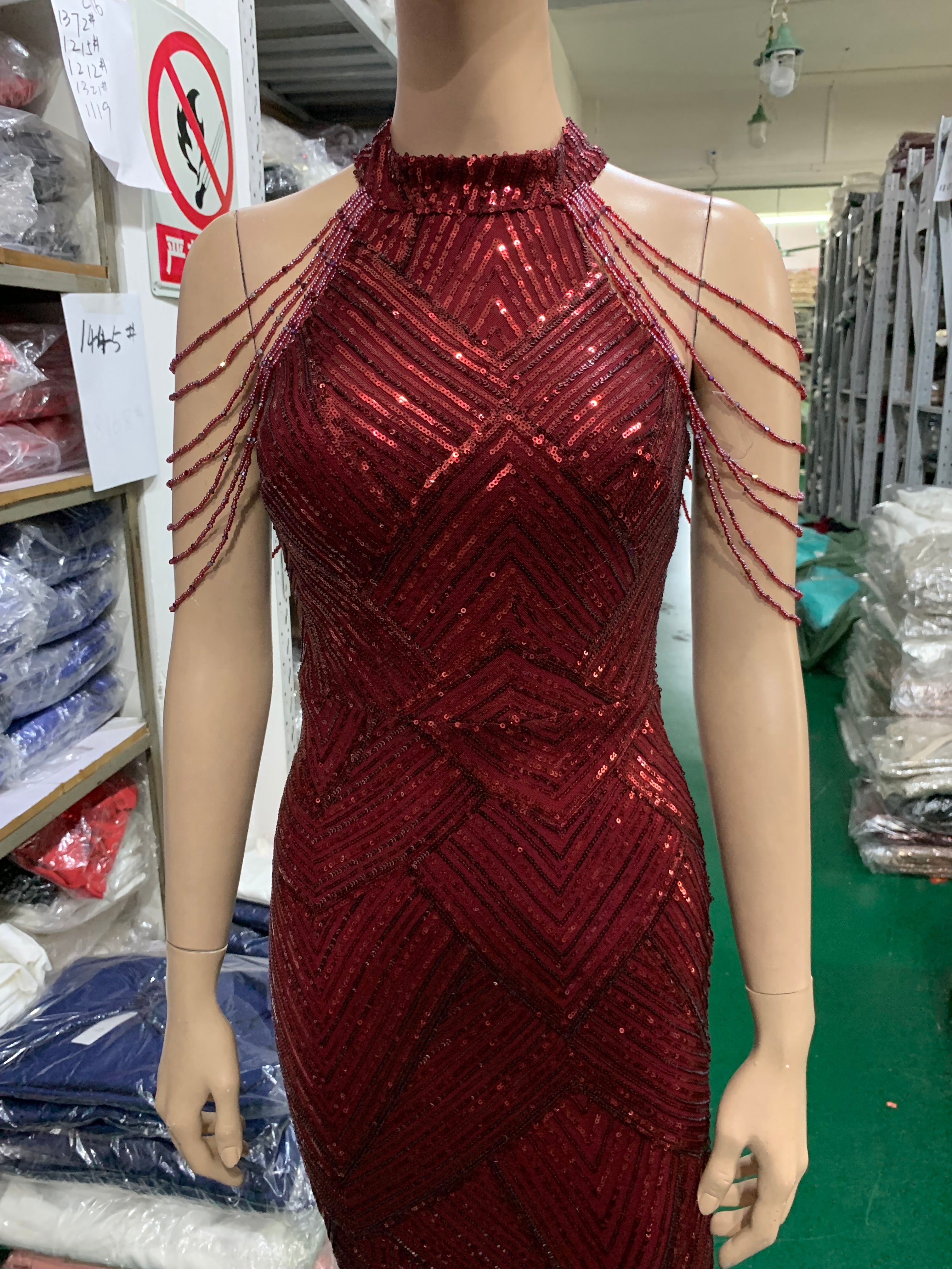 Deep V-Neck Sequined Fishtail Dress Sexy Evening Party Gown 41