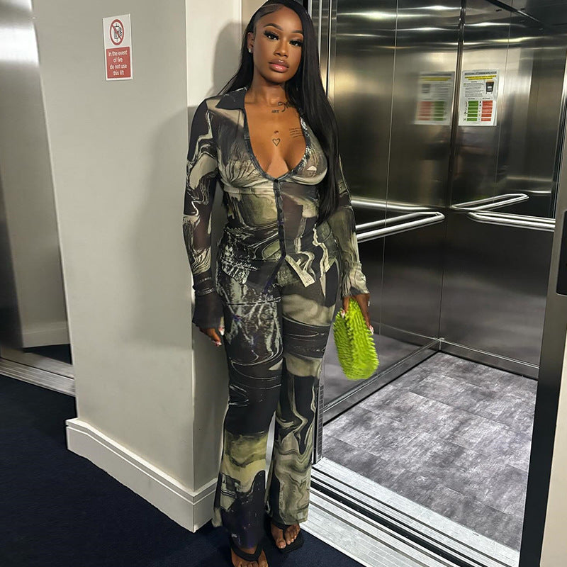 Women's Fashion Print Turndown Collar Button-Up Top Trousers Trendy Two-Piece Set