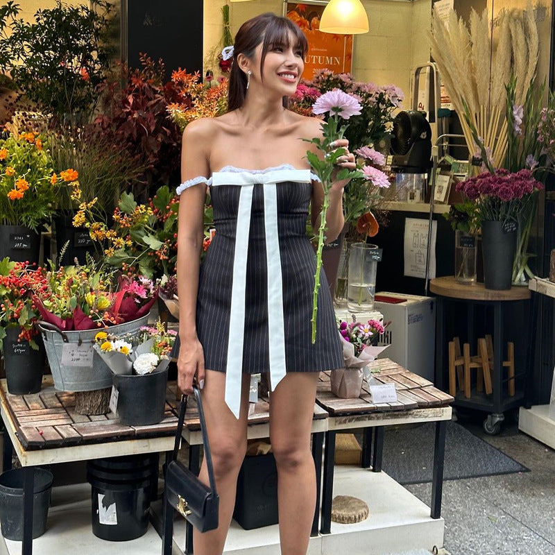 Summer Sexy Bow Lace Off Shoulder Strap Mini Women's Dress 5