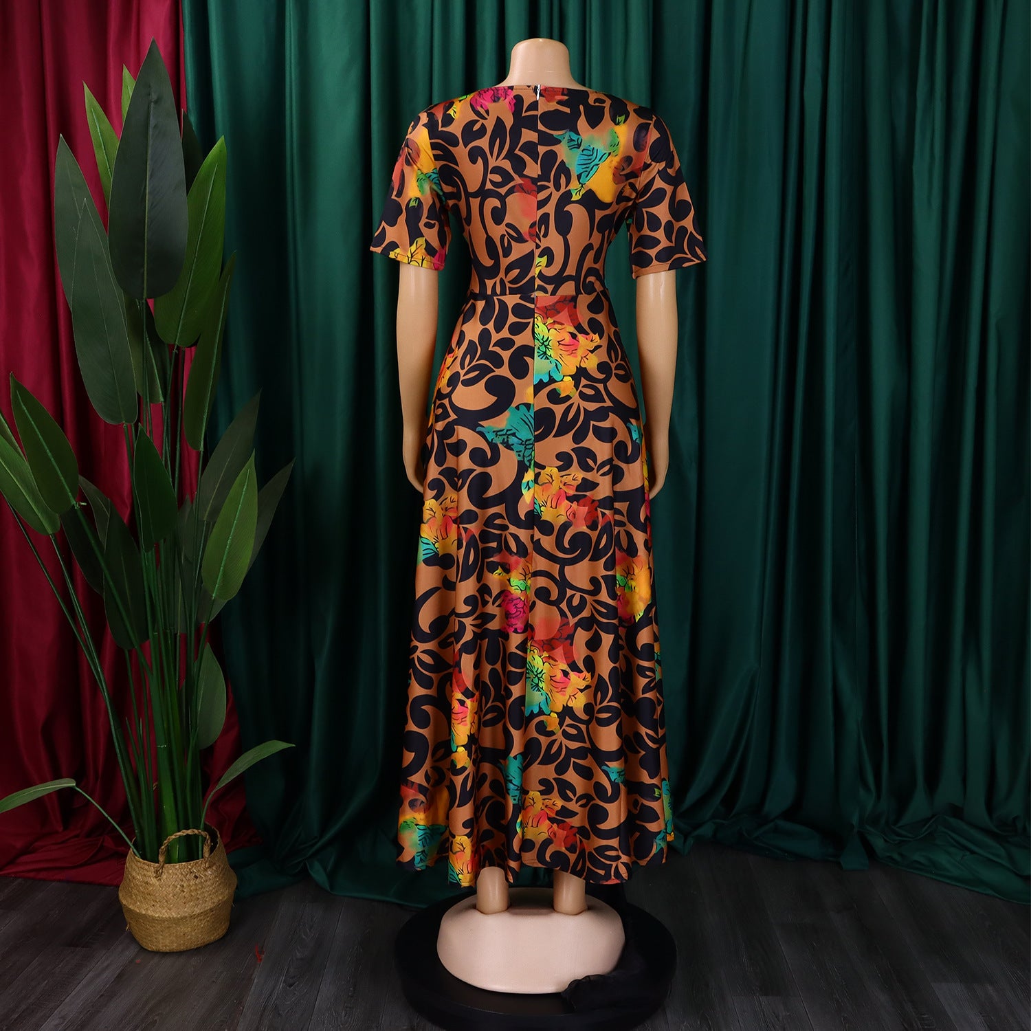 Women's Fashion Chic Tie-Waist African Plus Size Short Sleeve A-Line Dress 45