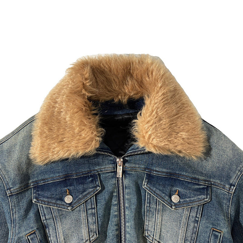 Women's Winter Removable Fur Collar Zipper Short Denim Jacket 4