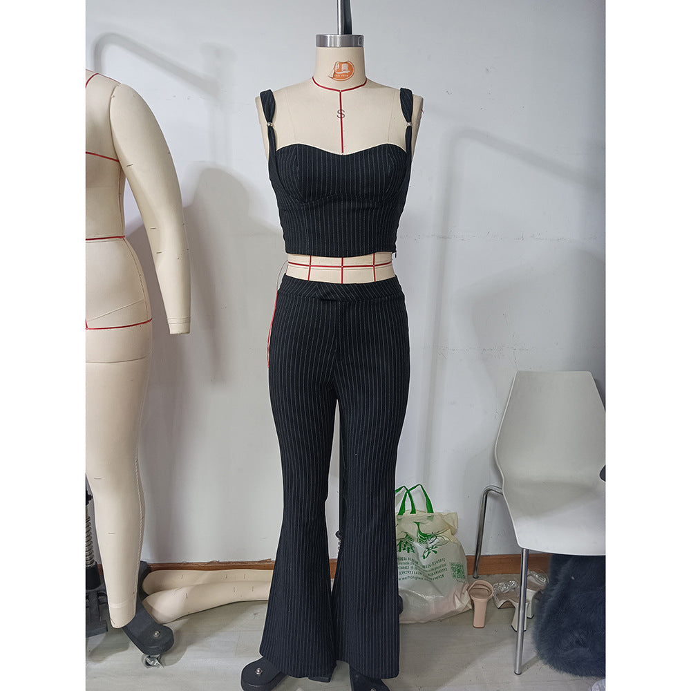 Women Summer Casual lace Suspender Top and Bell Bottom Long Pants Two-piece Set 6