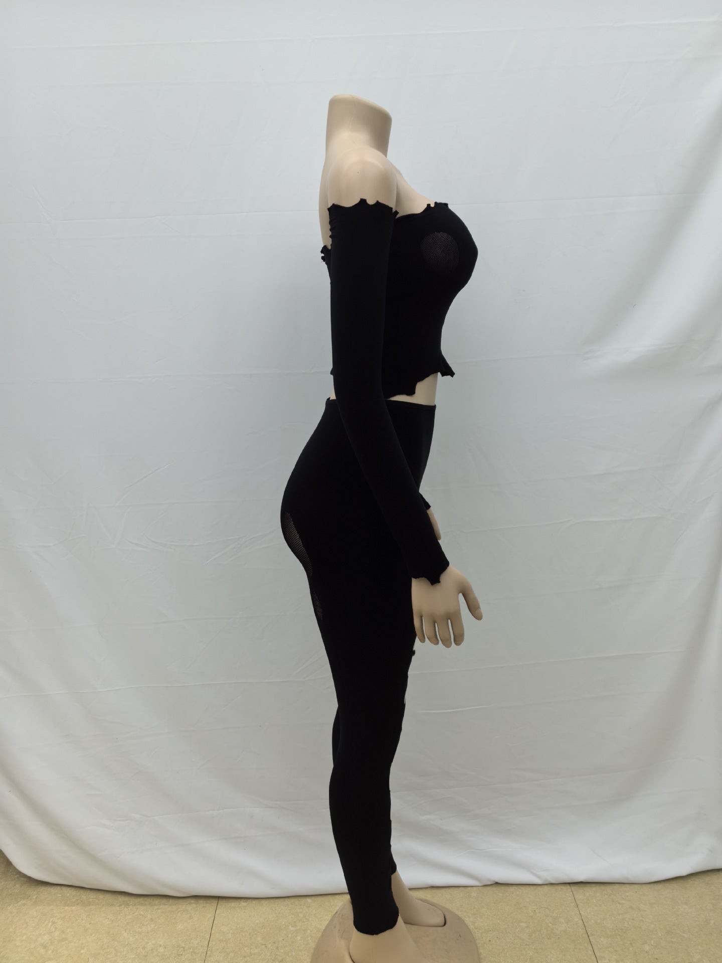 Spring Solid Off Shoulder Long Sleeve Crop Top Ripped Tight Fitting Pant Sexy Two Piece Set 10