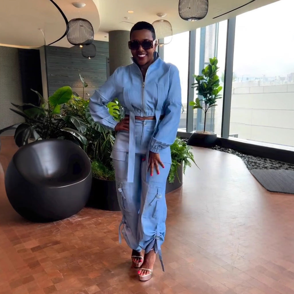 Multi-Pocket Long Sleeve Pleated Cargo Jacket Pants Two-Piece Set 4