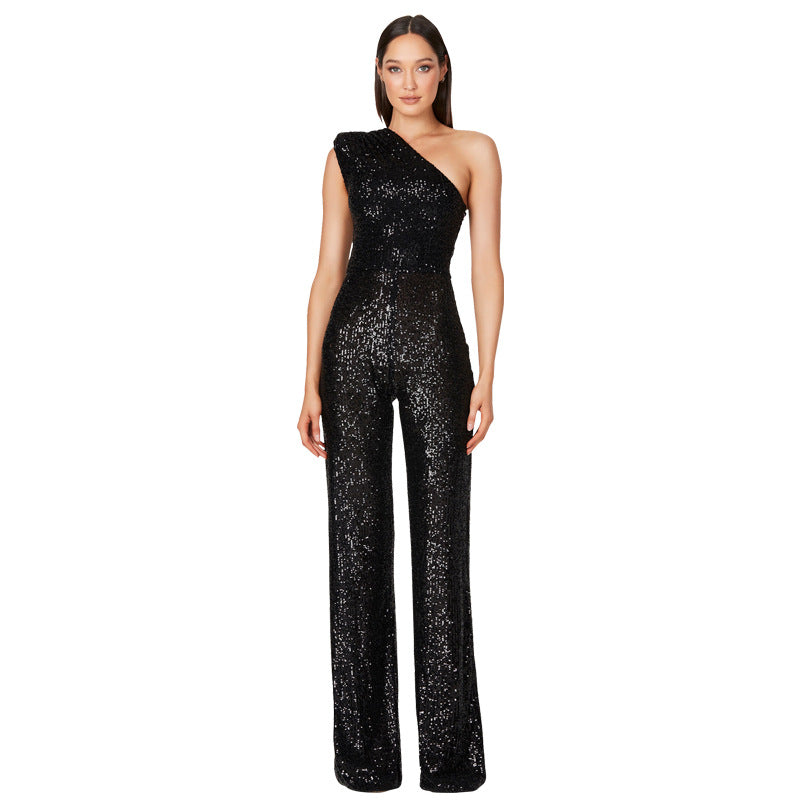 Women's Sleeveless One Shoulder Low Back Sequined Jumpsuit 20