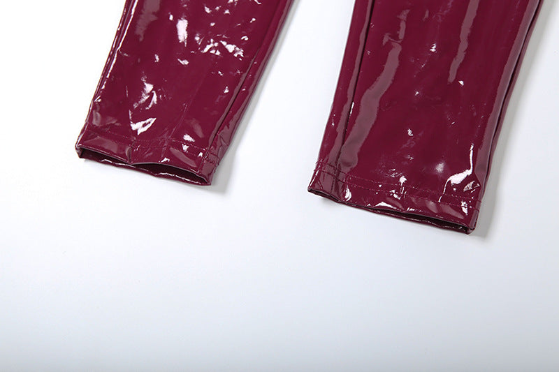 Women Sexy Pu Leather Halter Neck Backless Suspender Zipper Top and Pants Two-Piece Set 18