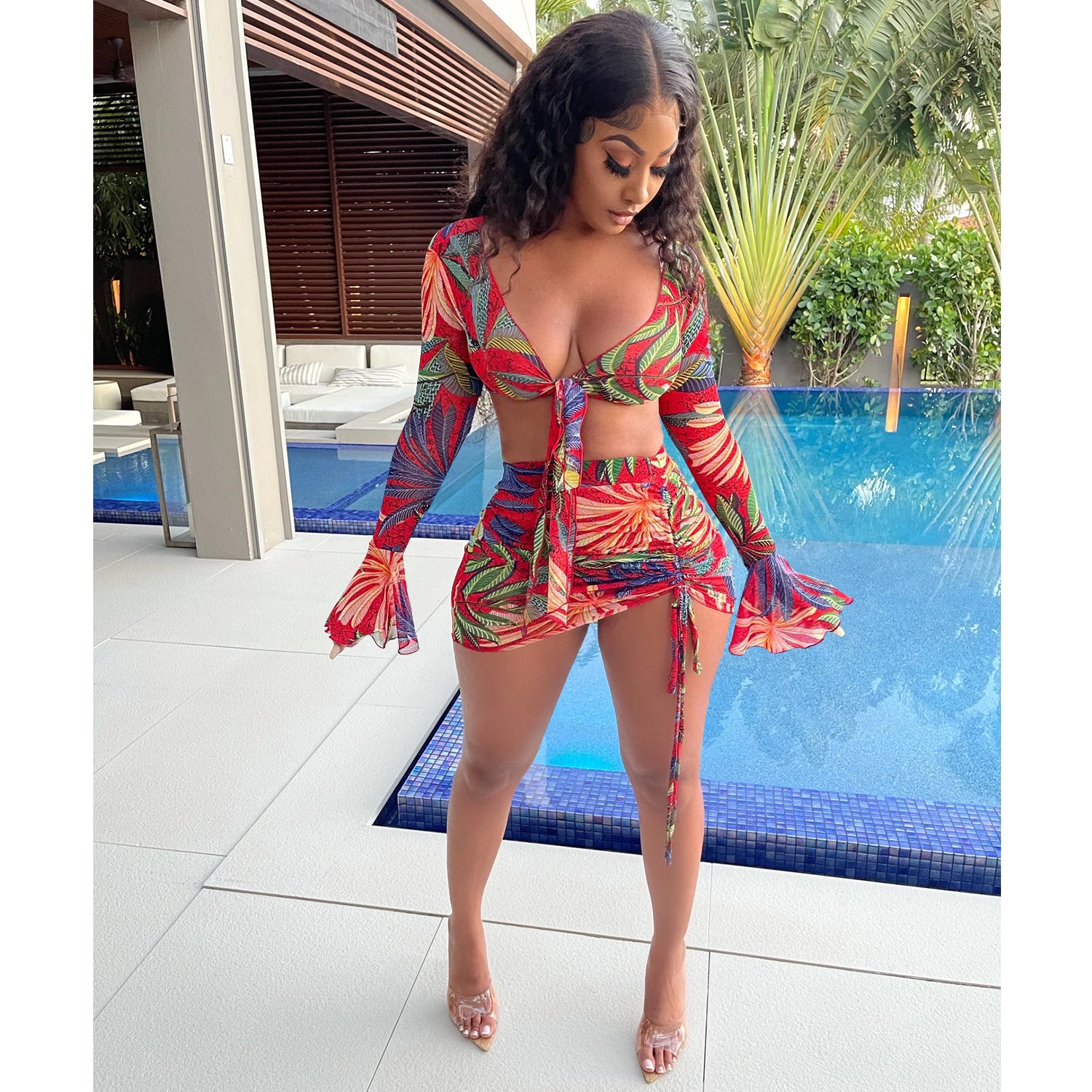 Women Printed V-Neck Lace-Up Long-Sleeved Top and Drawstring Skirt Two-Piece Set